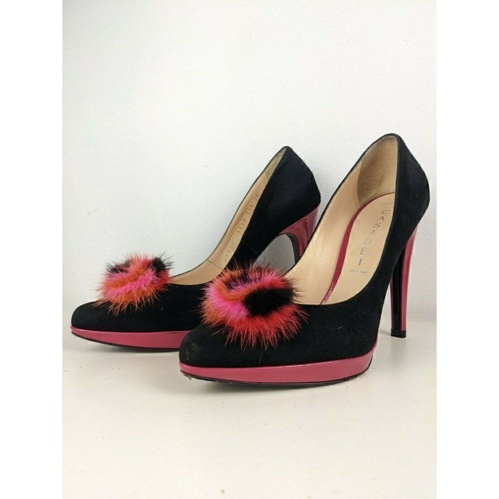 Casadei heels black pink suede ultra high sexy platform fur pompom sz 7